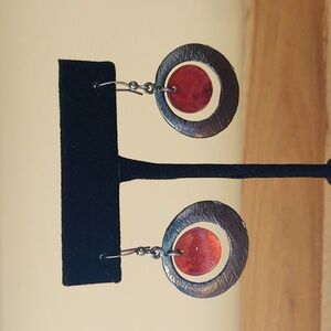 Silver & Red Circle Dangle Earrings